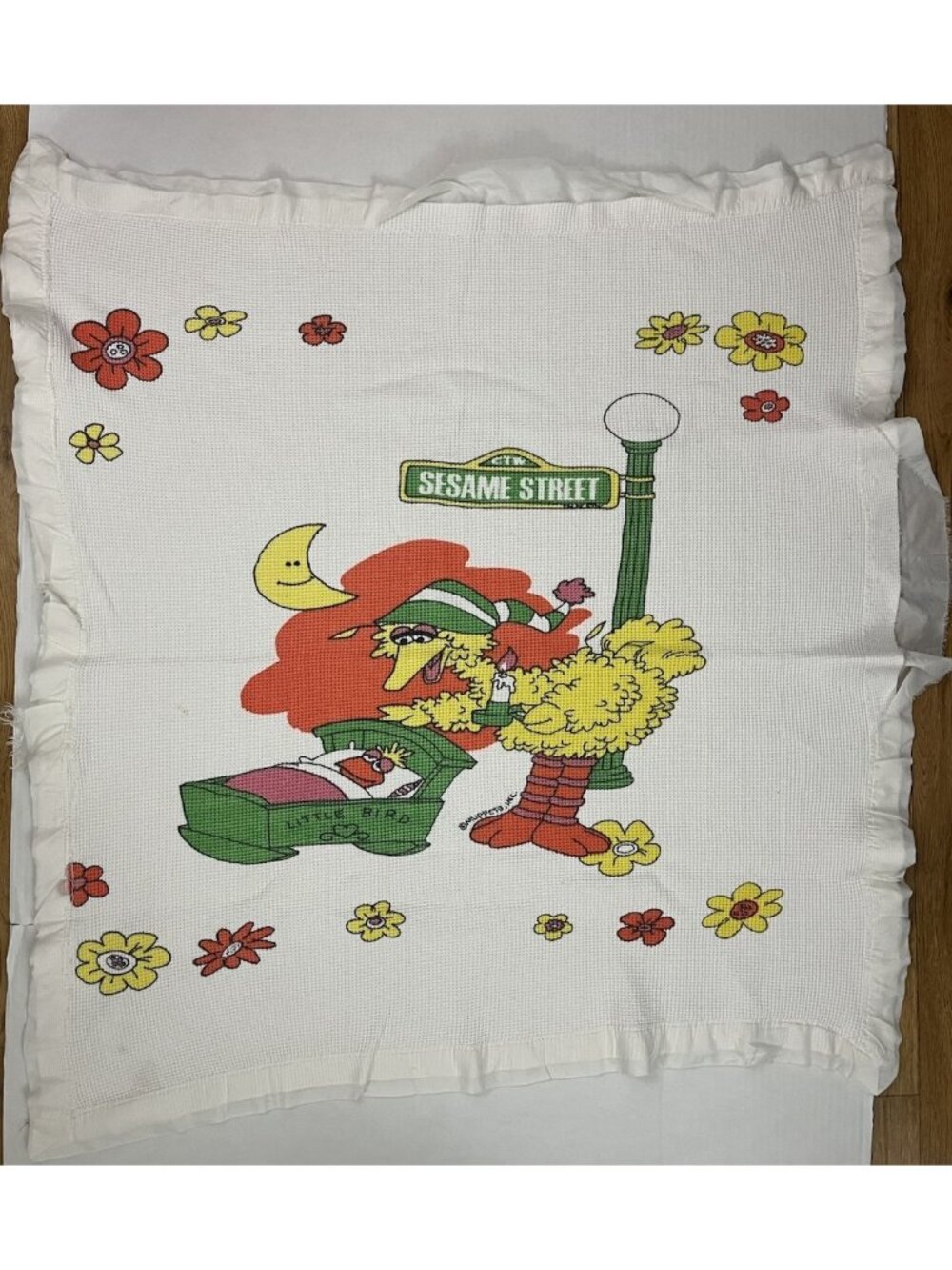 Vintage Muppets Big Bird Thermal Waffle Knit Blanket Satin Trim FLAWS 39x44"